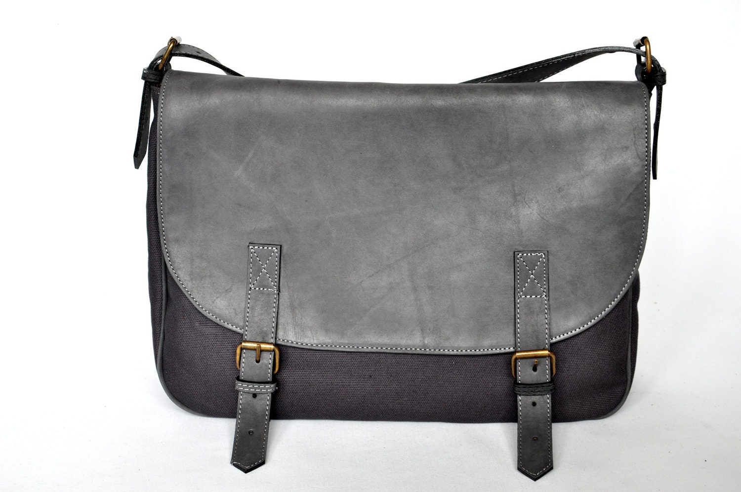 Messenger Bag leather and canvas handbag shoulder bag grey bag