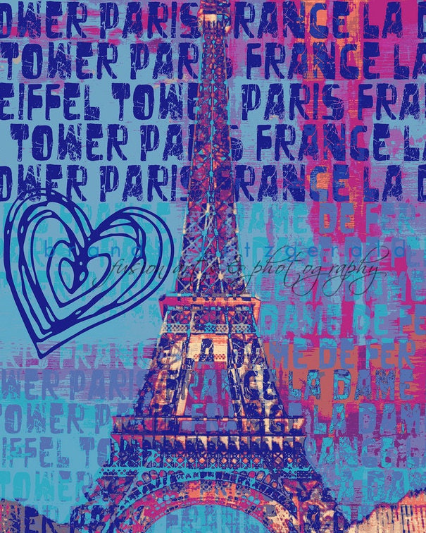Blue Eiffel.  8" x 10"  Paris France Landmark Typography Fusion Paintographic Fine Art Print