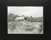 Maine Barn Landscape Original Pencil Drawing - 16"x 20" Old Barns Black and White Art Home Decor Restoration