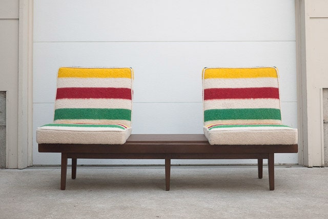 ON SALE Mid Century Hudson Bay Blanket Custom Upholstered Sofa Bench