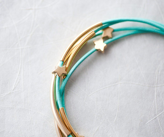 Mint Green Leather Bracelet with Golden Small Stars and Tubes by pardes israel - pardes