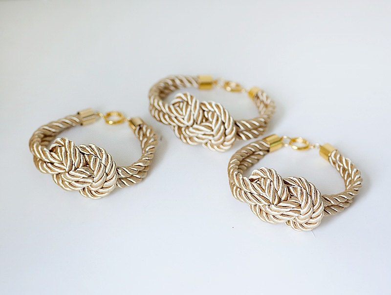 Bridesmaid Wedding Set of 3 Nautical Silk cord Light Gold Bracelet with sailor knot by pardes