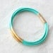 Resreved for Monica T: Mint Green Leather Bracelet with 6 Golden tubes by pardes israel