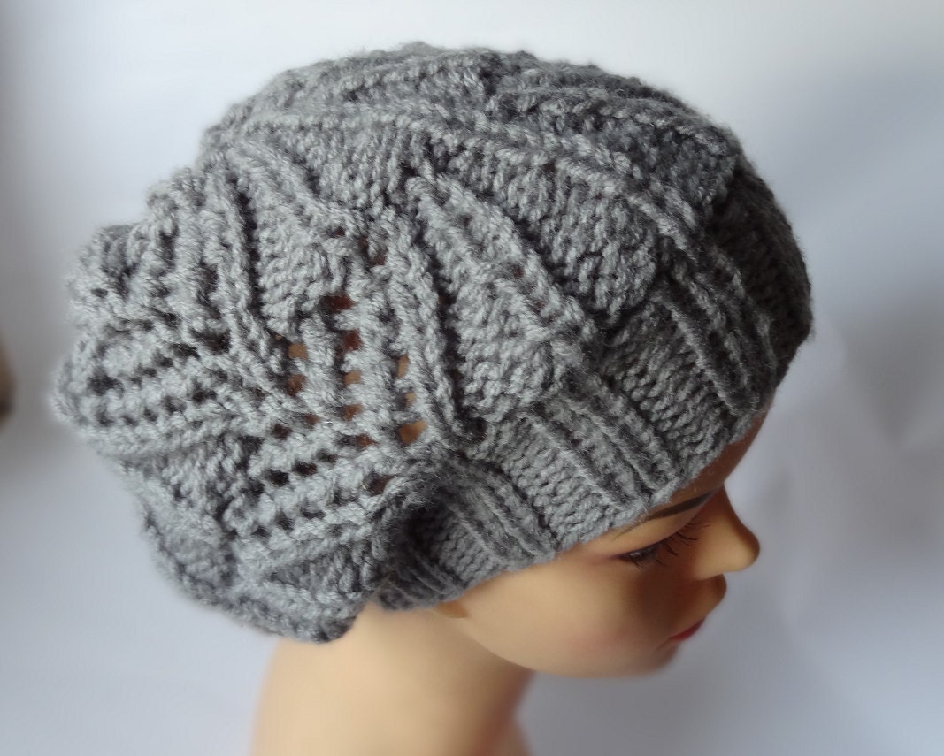 Hand Knit Hat beret women - silver gray Lace hat / beret - Oversize Berets Baggy Beanie Slouch Womens Girls Autumn Slouch Beanie