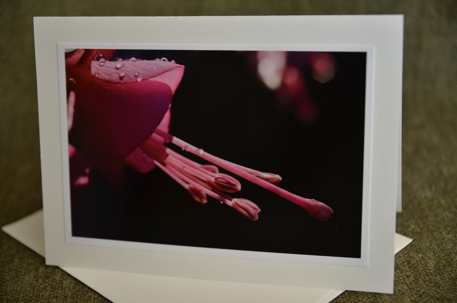 handmade card, macro photo pink fuchsia, eco friendly, hot pink flower, all occasion card