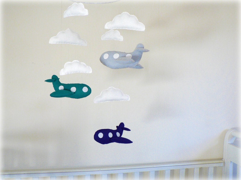 airplane mobile - Teal/Dark Turquoise, royal purple, felt airplanes and white clouds - Nursery Children Decor