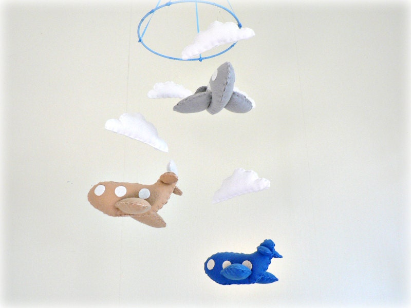 Airplane mobile - You pick your colors - blue, gray and beige planes and white clouds - Nursery Decor