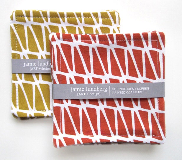 Triangle Screen Printed Fabric Coaster Set - Orange or Yellow Colors