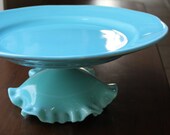 Turquoise Cake Stand for Beach Weddings / Beach-Theme Dessert Pedestal / Aqua Blue Milk Glass / Cottage-Style Ocean Beach Home Decor