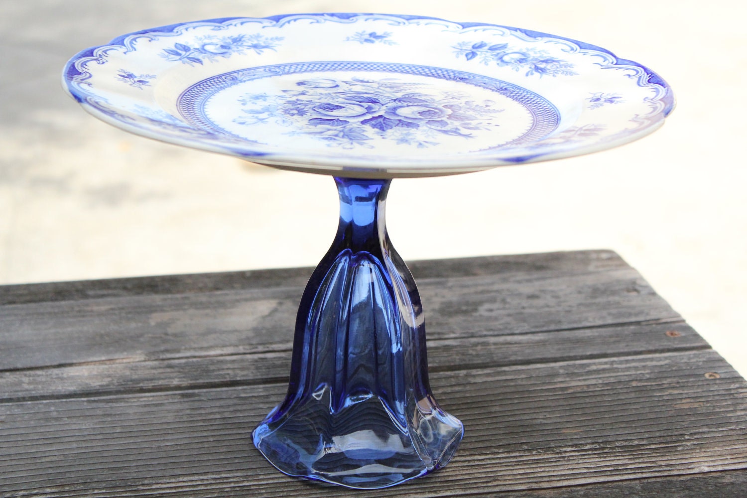 Vintage Cake Stand 12" Cake Plate Pedestal Cobalt Blue Cake Stand / Cake Dish / Truffle Cupcake Stand / Spring Weddings / Mother's Day Gift