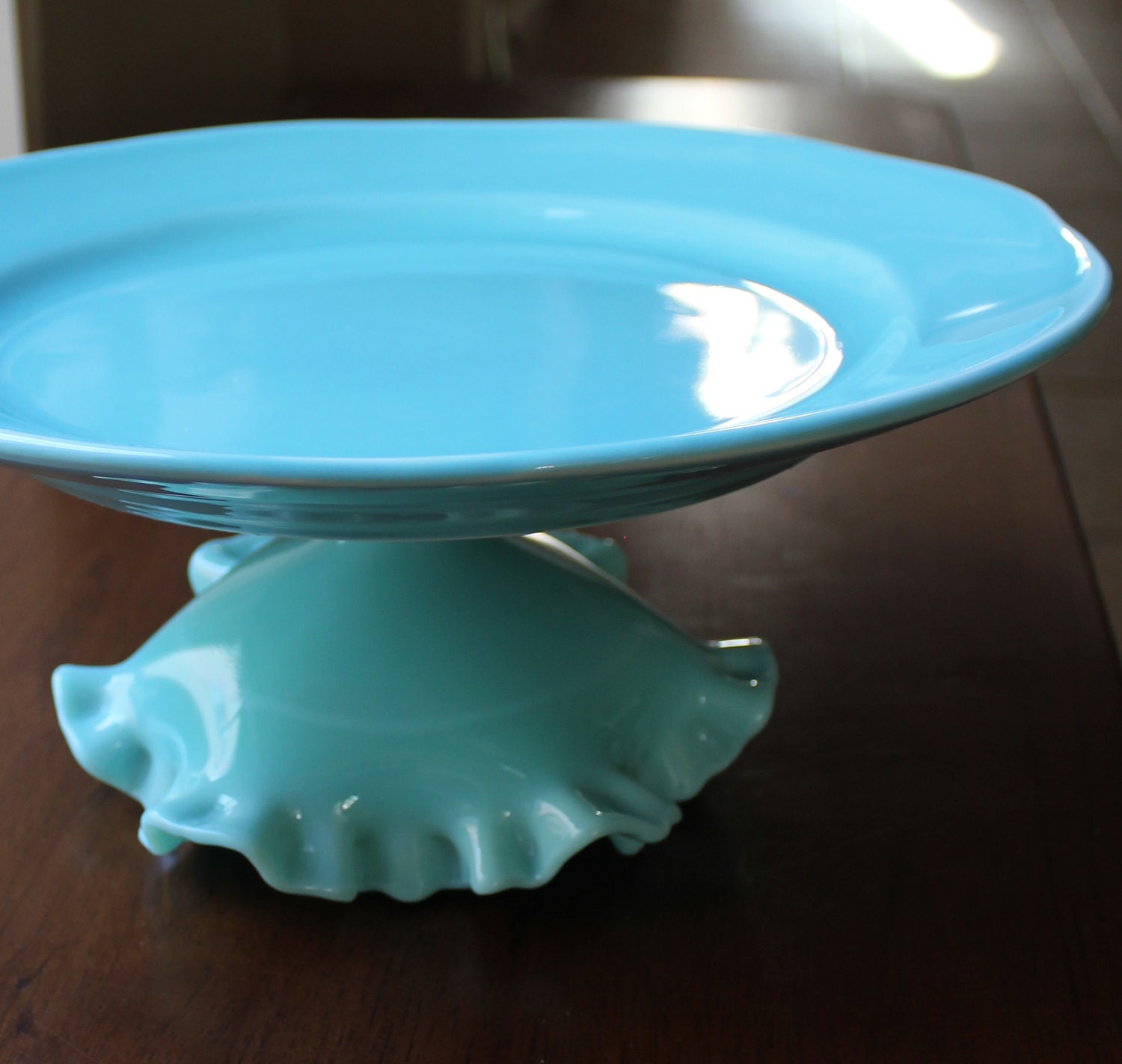 Turquoise Cake Stand for Beach Weddings / Beach-Theme Dessert Pedestal / Aqua Blue Milk Glass / Cottage-Style Ocean Beach Home Decor