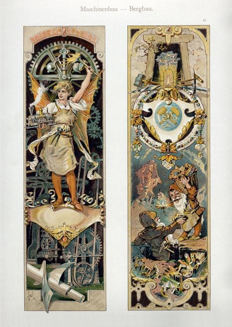 Steampunk Diptych - Bat-winged Babe and Dwarves - Reprint from the 1890s