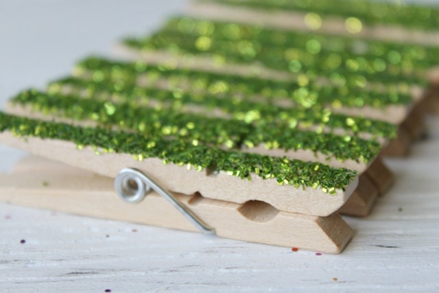 Glitter Clothespin Lime Green Magnets - Set of 10