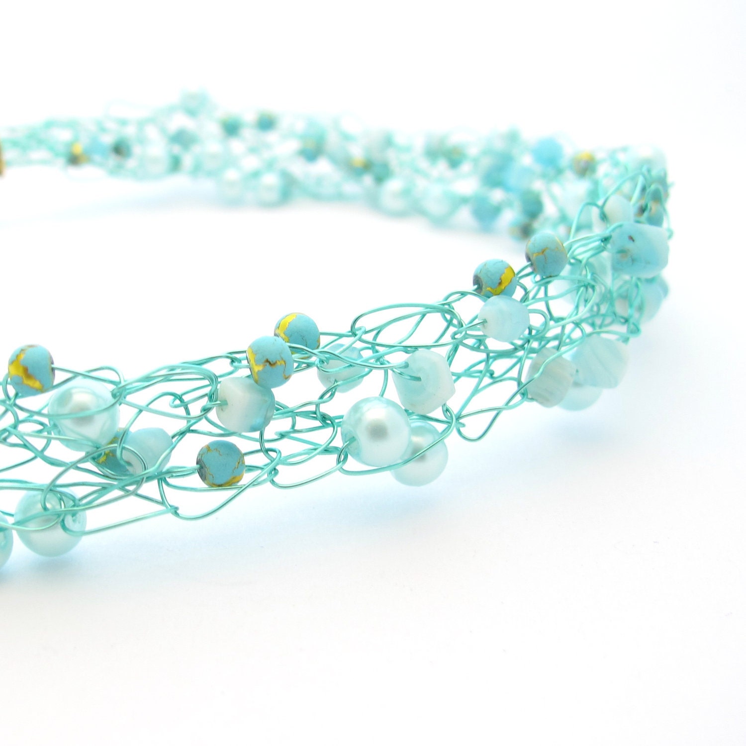 Wire Crochet Beaded Necklace - Aqua, Turquoise, and Gold - MoonlightShimmer