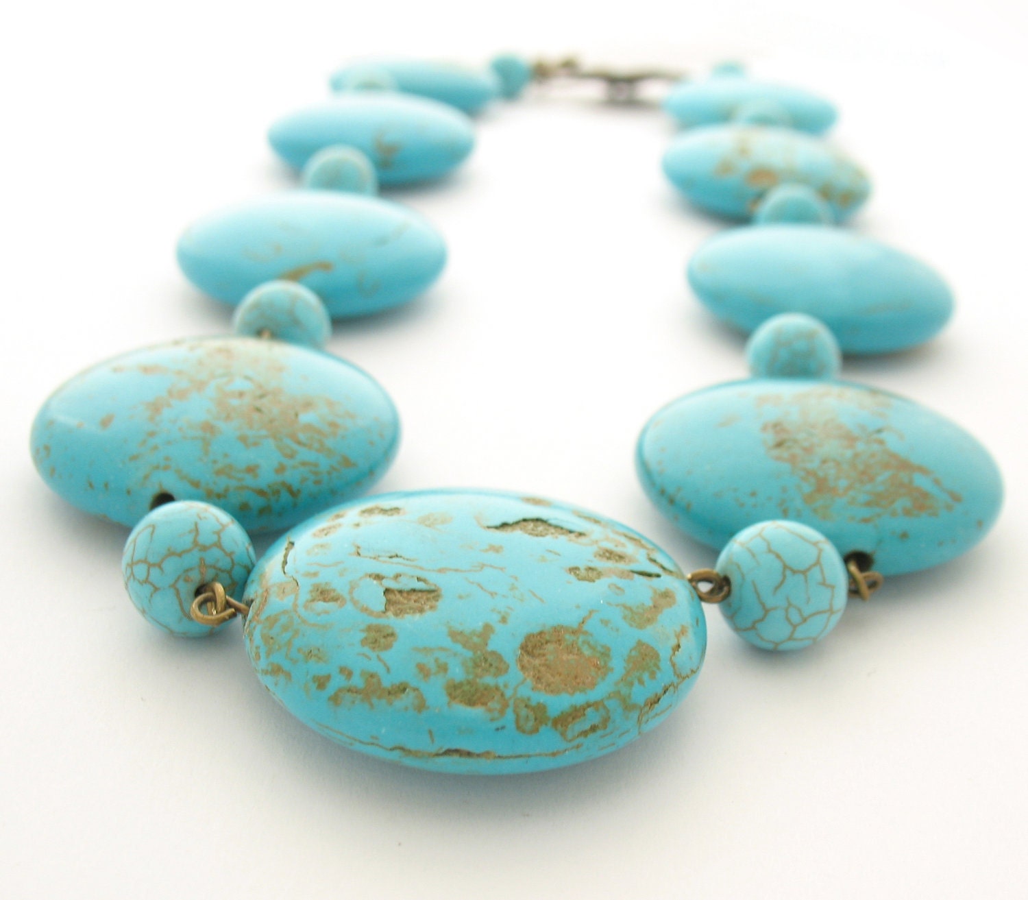Chunky Statement Necklace, Turquoise Magnesite Stone Beads, Leaf Toggle Clasp
