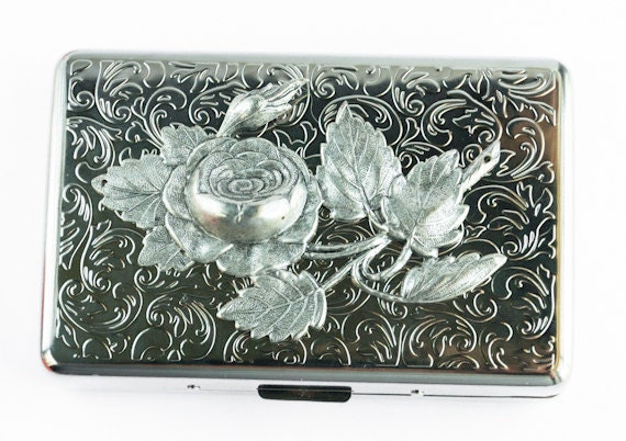 Cigarette Case Rose Large Size Vintage Style Silver Plated Gothic Victorian Steampunk