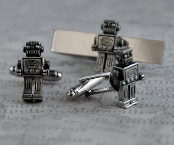 Robot Cufflinks Set Tie Clip Men's Cufflinks Robot Cufflinks Steampunk Antique Silver Groomsmen Vintage Style Gothic Victorian