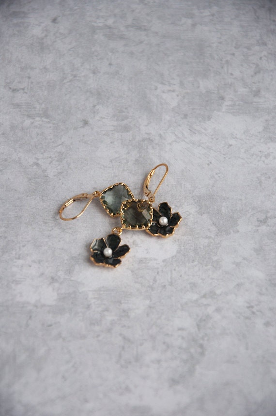 Black Sakura Earrings Gold Filled Black Earrings Black Diamond Bridal Jewelry Wedding Evening Bridesmaids