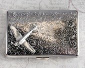 Airplane Cigarette Case Airplane Large Size Vintage Style Silver Plated Gothic Victorian Fahter's Day Steampunk Metal Wallet Pan Am