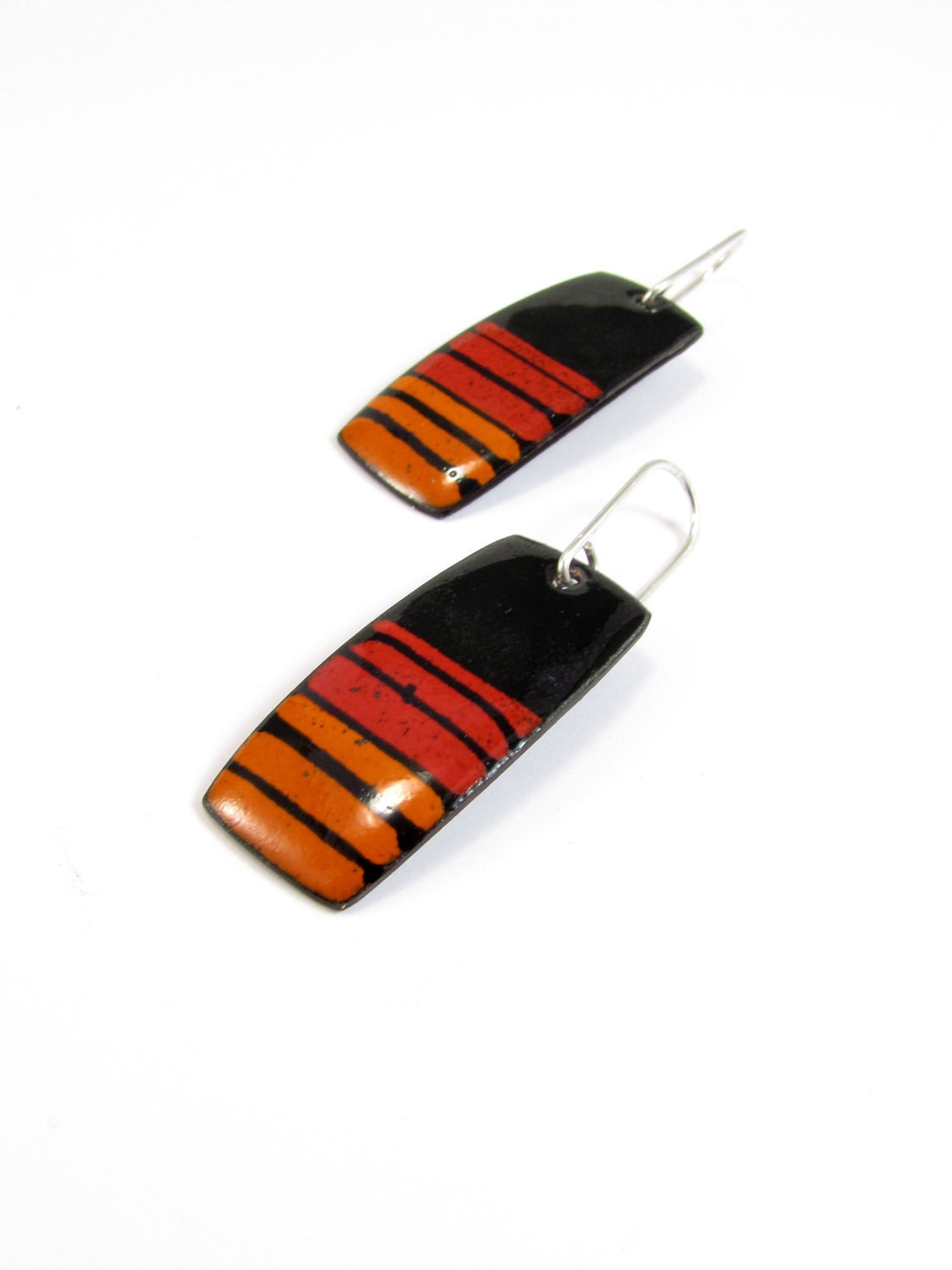 Enamelled Copper Earrings - Black red orange Lines