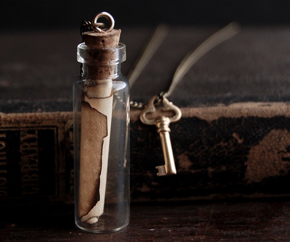 Message in a Bottle Necklace with Tiny Brass Skeleton Key