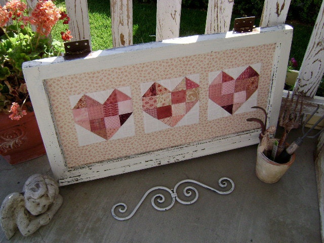 Antique Farmhouse Window with 3 Hand Quilted patchwork Hearts, Wall Art - An Etsy Treasure x 4