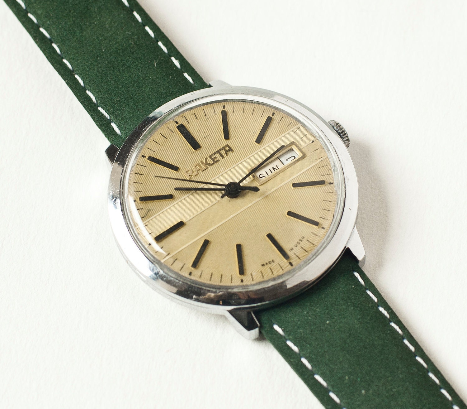 Mechanical watch Raketa, mens watch, mustard, forest green tones, USSR