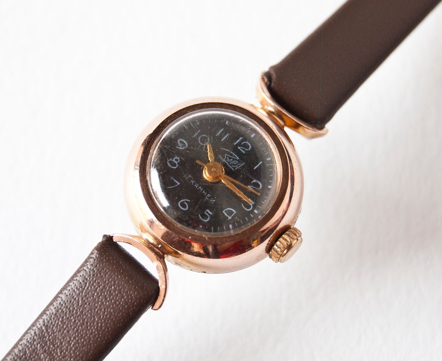 Womens wrist watch Zarja, tiny little gold plated, very rare, black dial watch, Soviet Era
