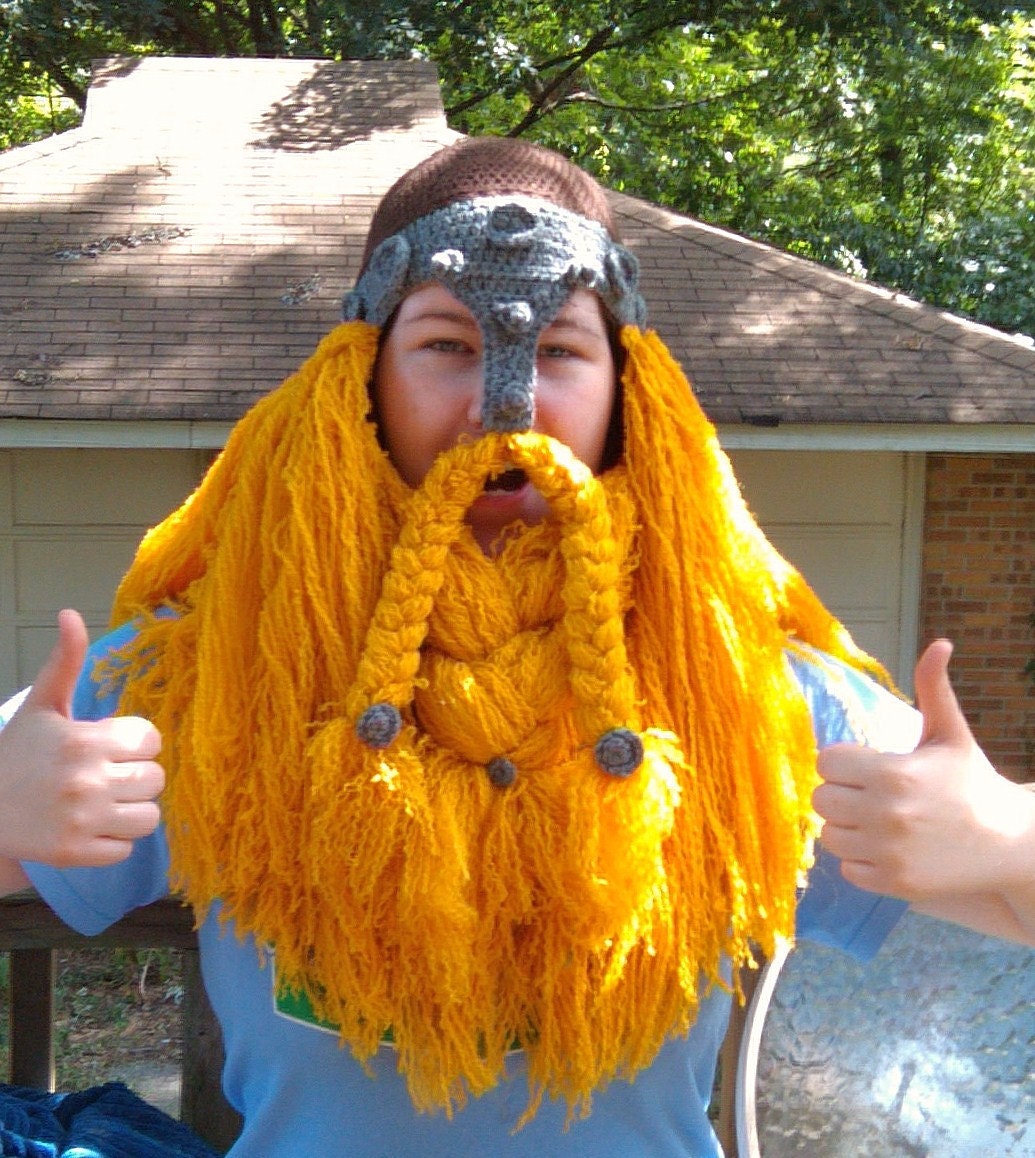 Crocheted Viking Hat or Dwarf Battle Helm with Beard and Nose Guard