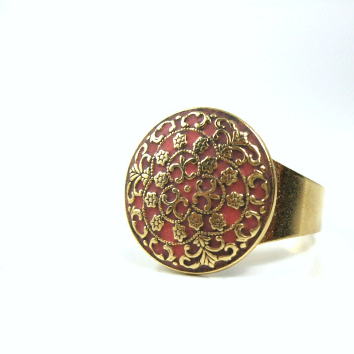Gold ring victorian ring peach jewelry ooak custom ring enamel work