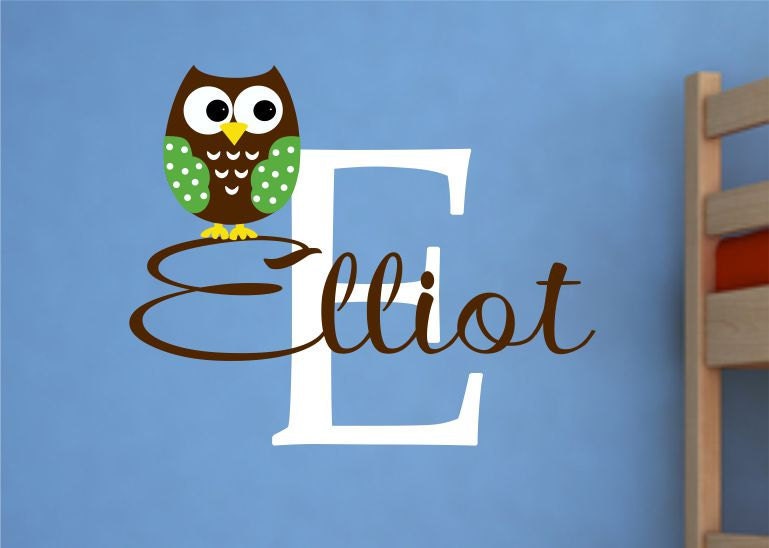 Owl Wall Decal - Childrens Wall Decals - Owl Wall Art - Baby Name Wall Decals - Boy Vinyl Wall Lettering