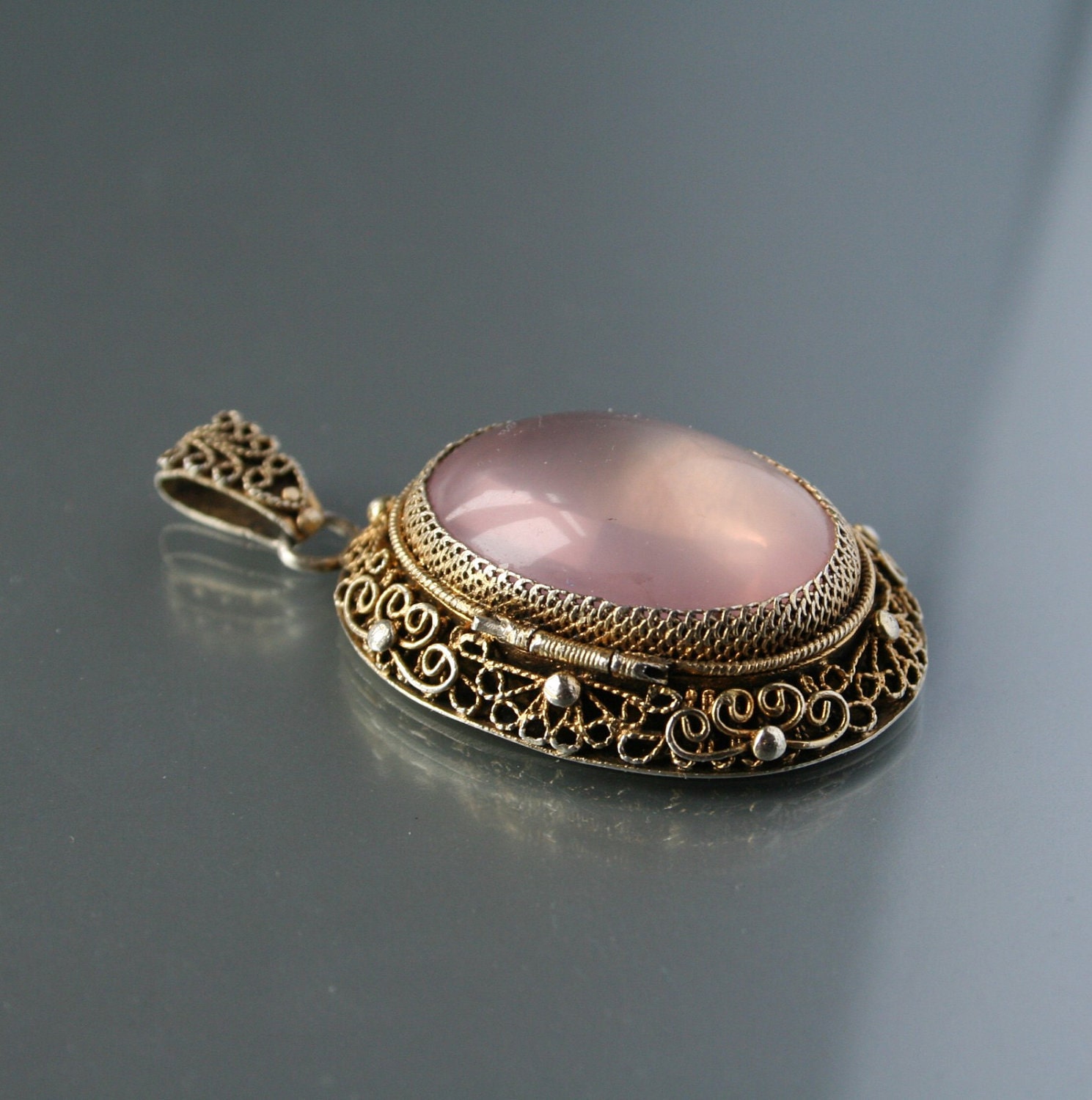 Chinese Sterling Silver Filigree Locket Huge Pendant Rose Quartz Export