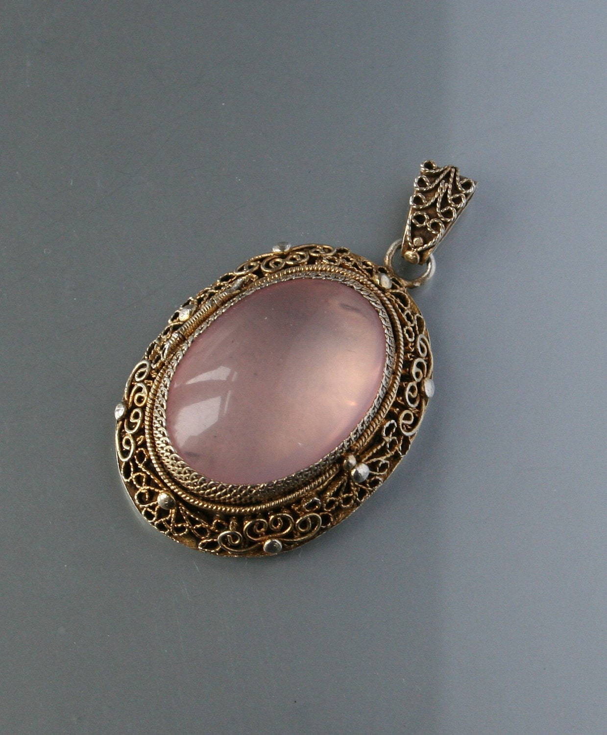 Chinese Sterling Silver Filigree Locket Huge Pendant Rose Quartz Export