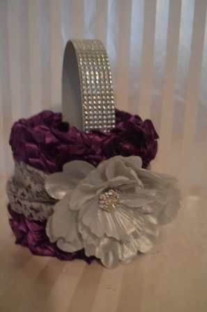 Purple Flower Girl Basket-Purple ruffle basket with silver lace and peony-Rhinestone handle