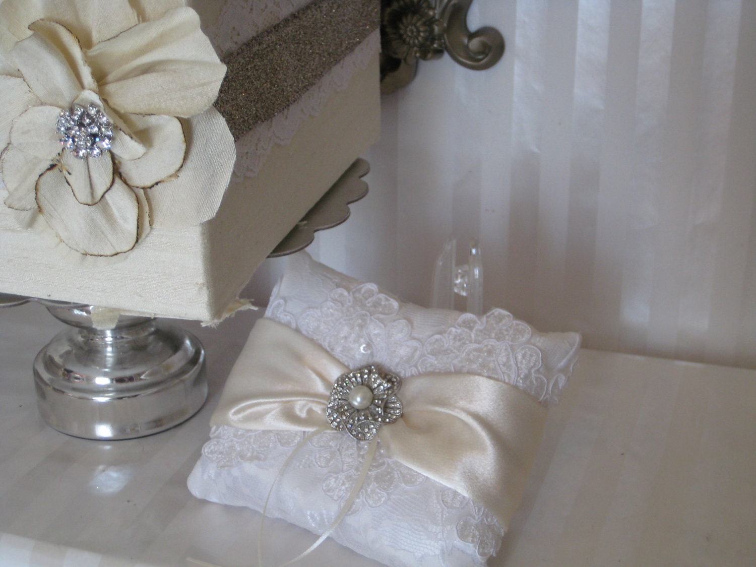 Wedding Card box - Wedding ring pillow- The "Alexis" Collection- Ivory silk card box, ring pillow, flower basket