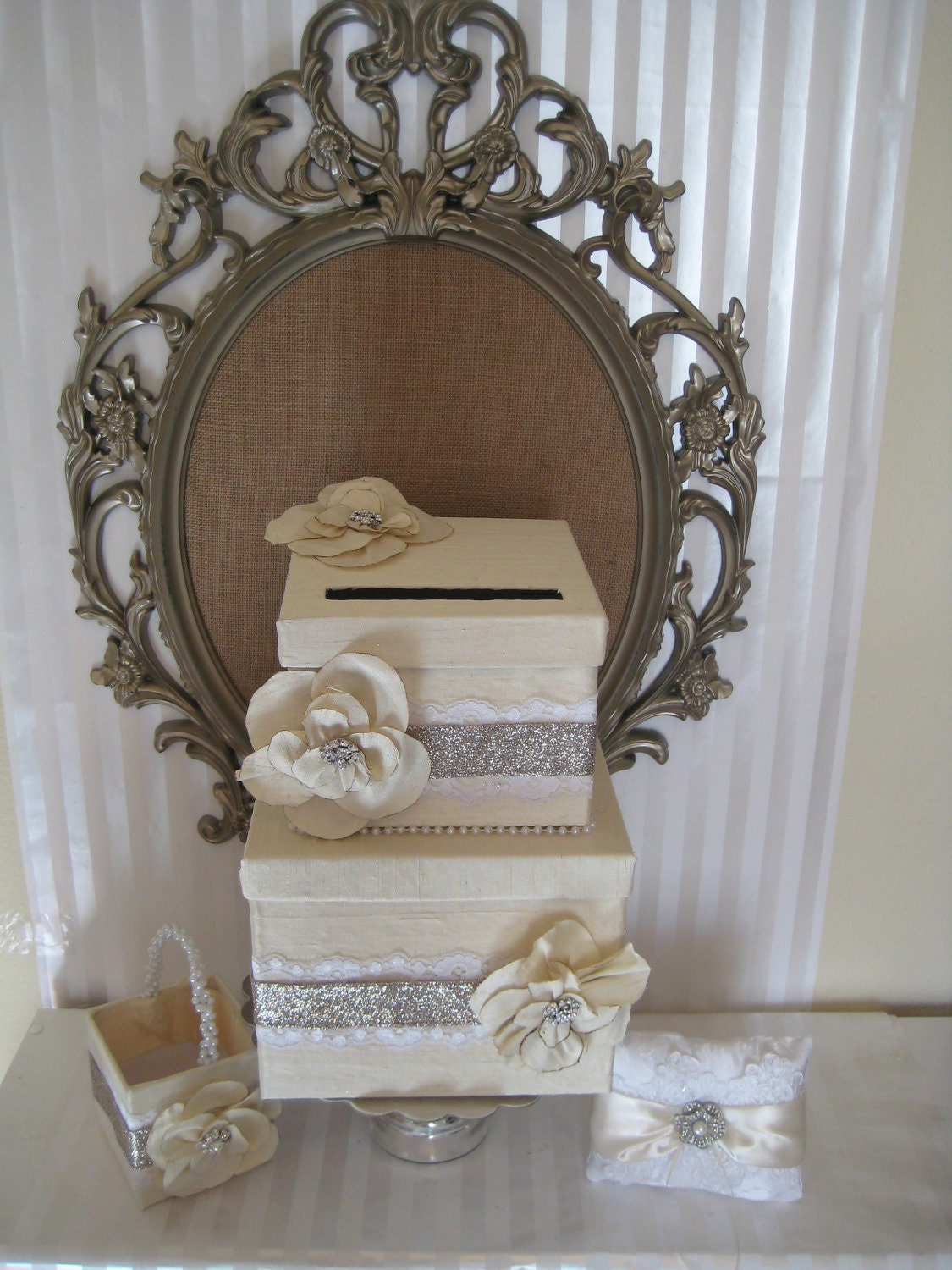 Wedding Card box - Wedding ring pillow- The "Alexis" Collection- Ivory silk card box, ring pillow, flower basket
