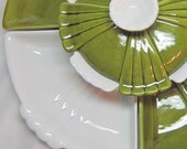 Mid Century Avocado Green White Lotus Flower Asian Influence Serving Set Covered Bowl Trays Modern Home Kitchen Decor Entertaining