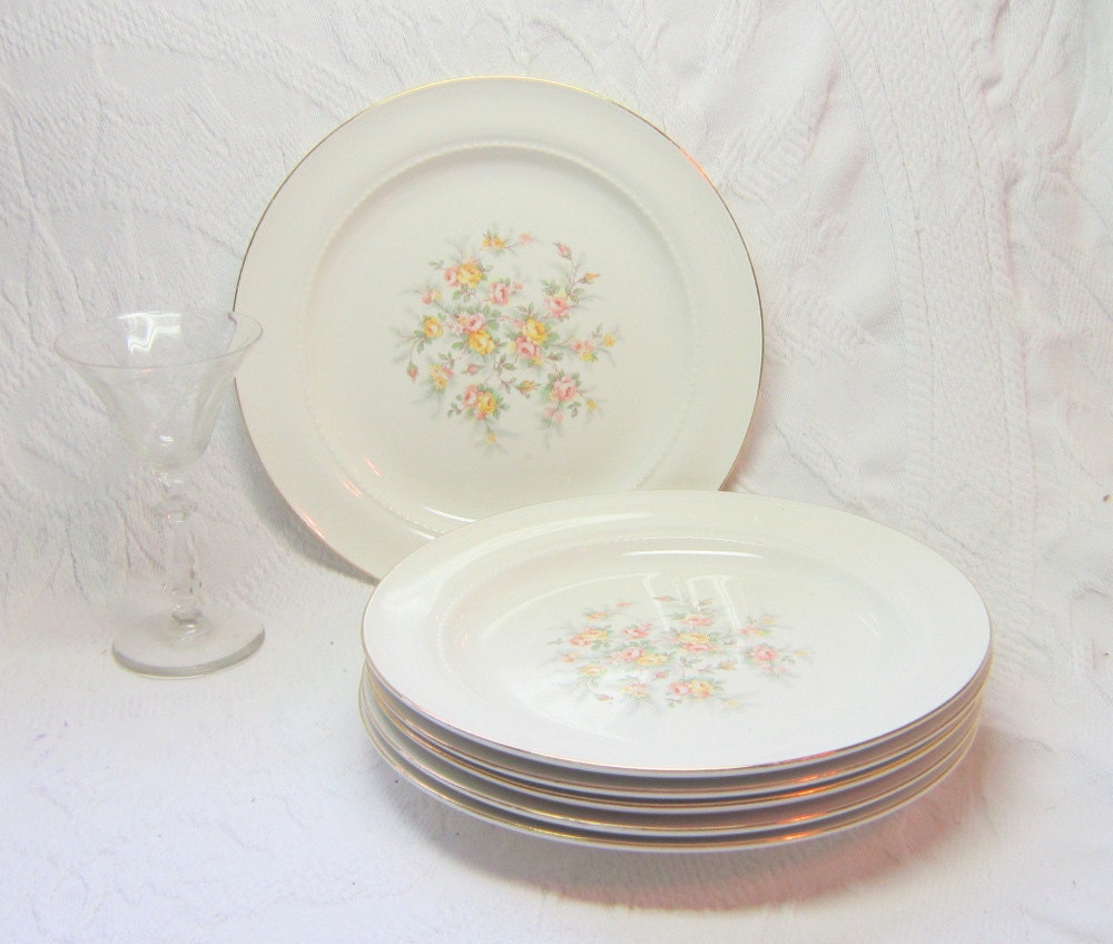Vintage Plates Serving Victorian Floral Plates Cottage Decor Dessert Plates Holiday Gift Gold Pale Pink Green Yellow Gold