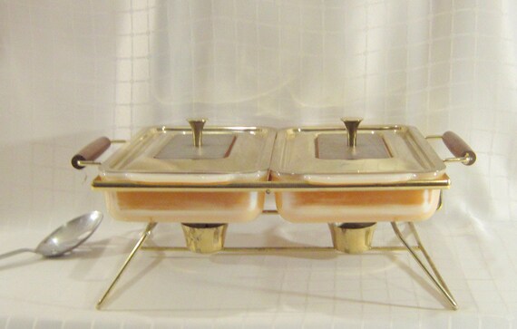 Mid Century Peach Luster Coco FireKing Chafing Dish Casserole Lid Bake Ware Housewares Cooking Party Pool Dinner Serving