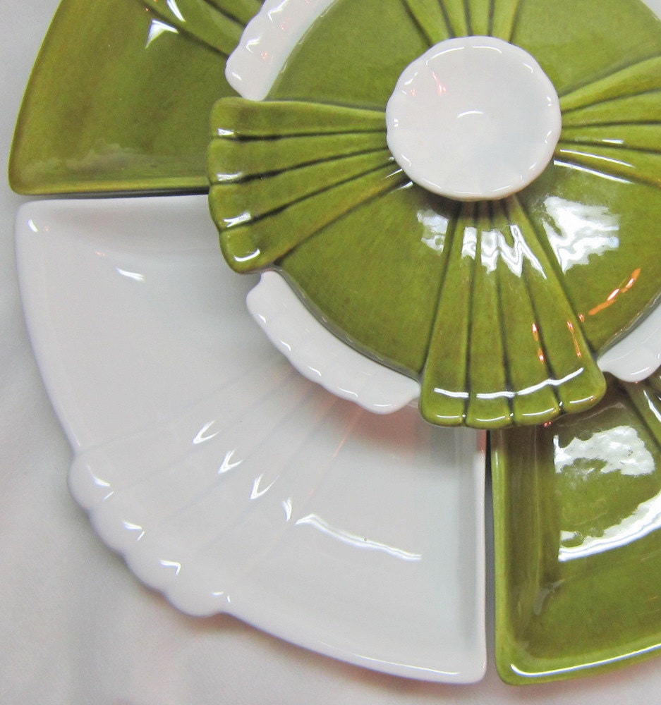 Mid Century Avocado Green White Lotus Flower Asian Influence Serving Set Covered Bowl Trays Modern Home Kitchen Decor Entertaining