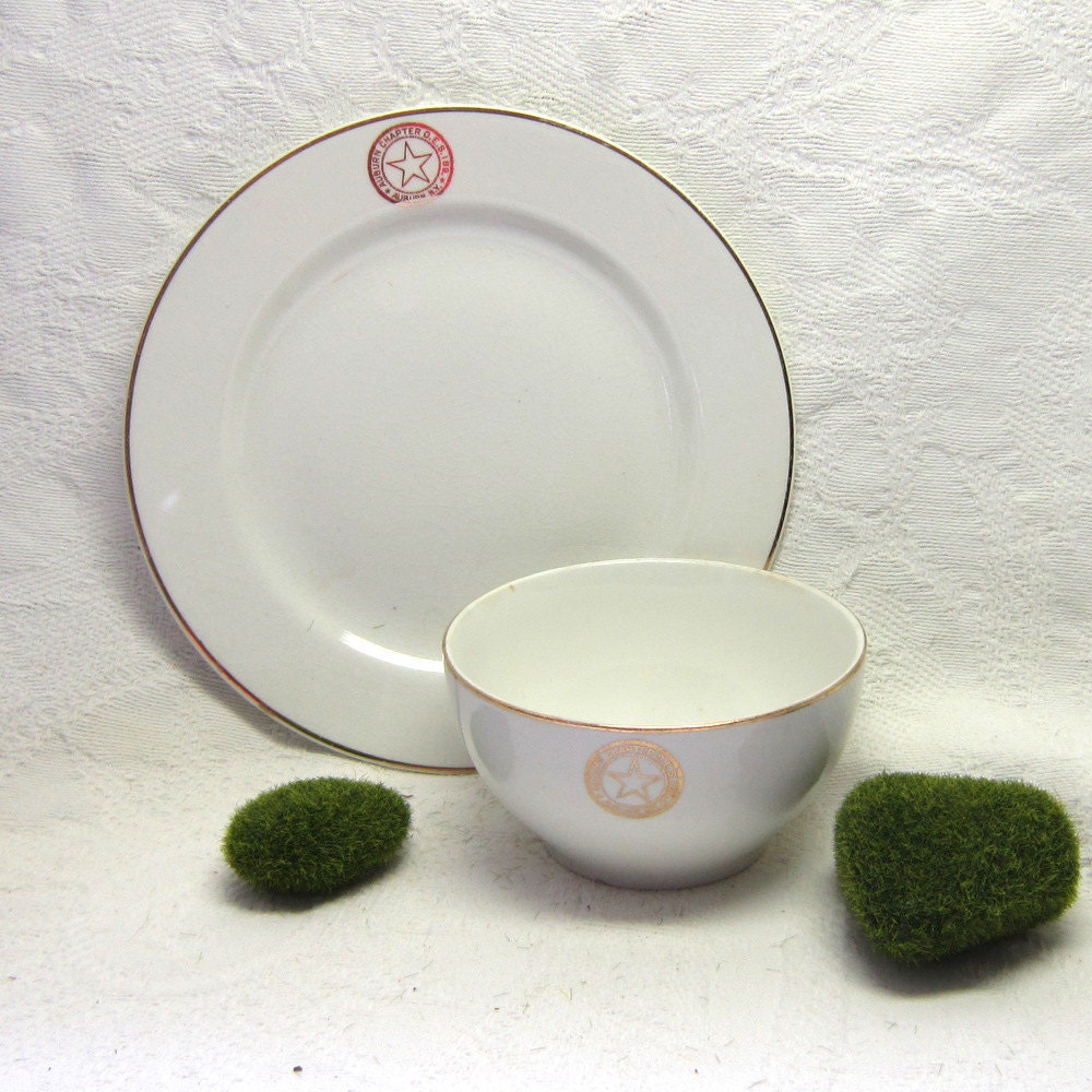 White Gold Vintage Secret Society Mason's Order of the Eastern Star Bowl Matching Plate Homer Laughlin