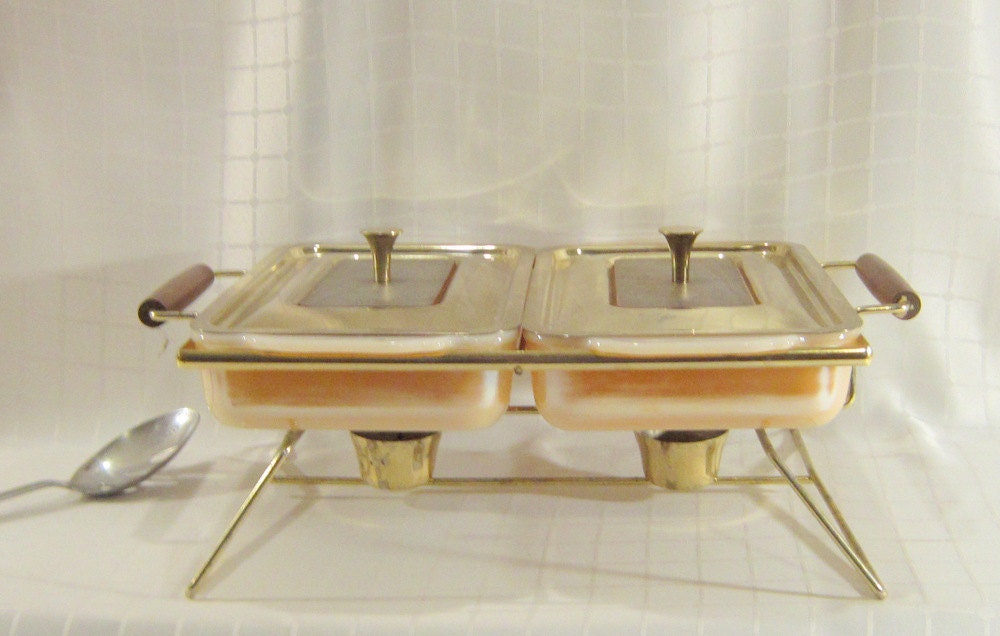 Mid Century Peach Luster Coco FireKing Chafing Dish Casserole Lid Bake Ware Housewares Cooking Party Pool Dinner Serving