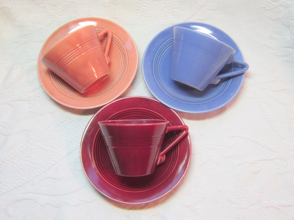 Art Deco  Harlequin Teacup Coffee Cups Saucers Set Blue Mauve Rose Art  Riveria Homer Laughlin Kitchen Home Decor