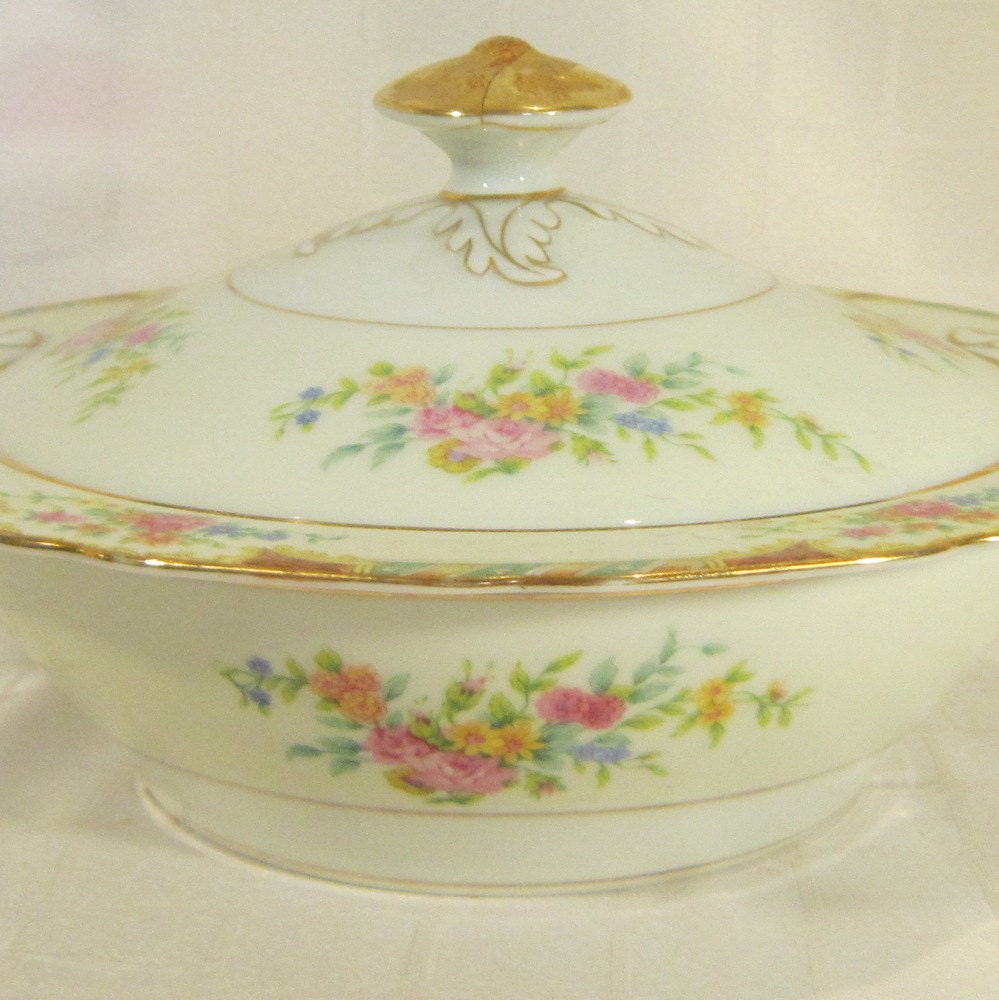 Hollywood Regency Victorian Style Gold Floral Covered Casserole Vegetable Dish Parisian Apartment Black Knight Lenora Gold Mauve Green Pink