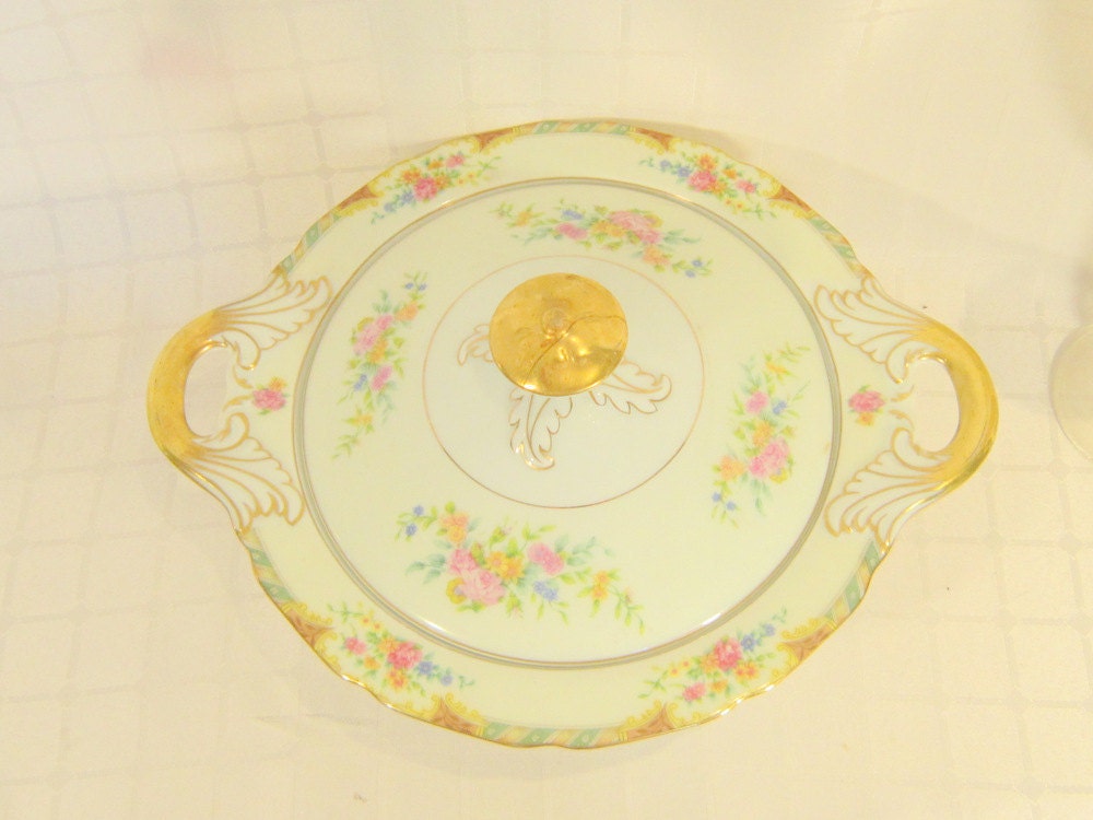 Hollywood Regency Victorian Style Gold Floral Covered Casserole Vegetable Dish Parisian Apartment Black Knight Lenora Gold Mauve Green Pink