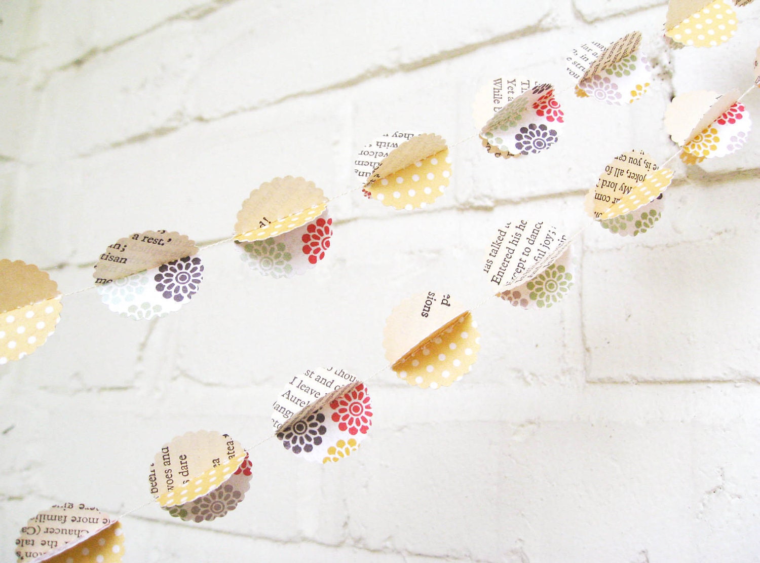 The Petite Novel Garland, Paper Garland, Wedding Garland, Floral, Yellow, Red, Brown, Vintage Garland, Antique Book Garland
