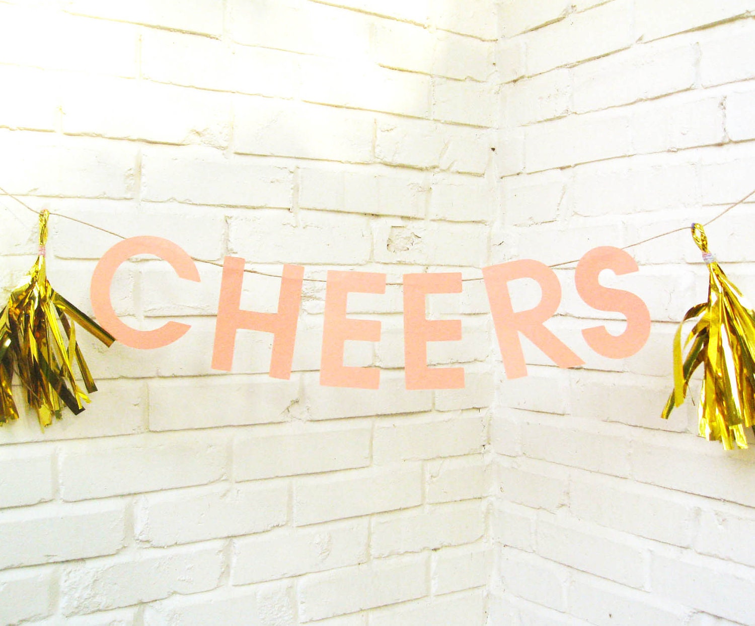 The Word Banner, Cheers, Paper Banner, Pink, Gold Tassels, Birthday Banner, Wedding Banner, Baby Shower