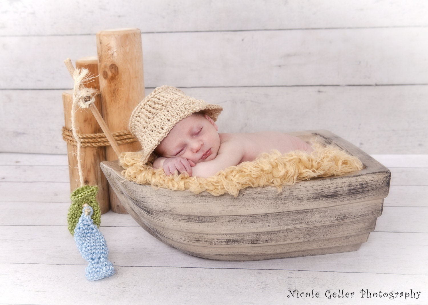 RTS Handmade Newborn Little Fisherman Hat and Fish Set Knit Crochet - Photo Prop