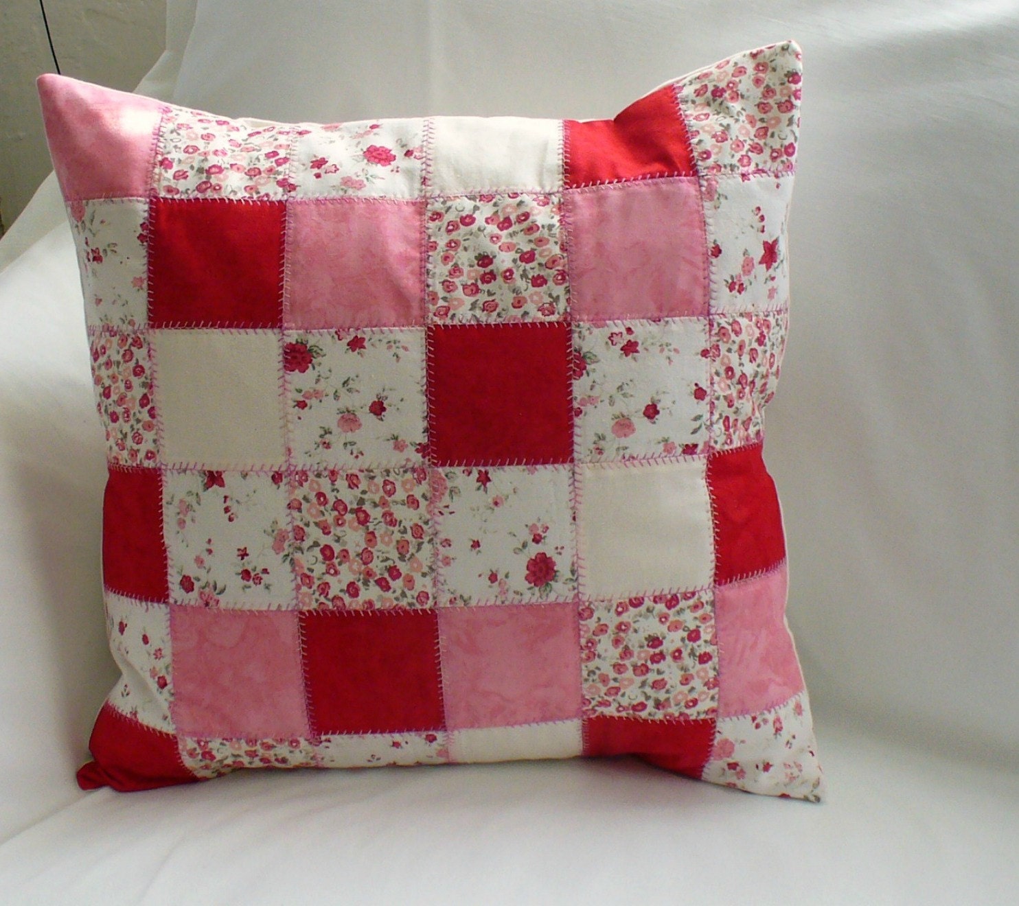 patchwork pillow- cream, pink and dark red
