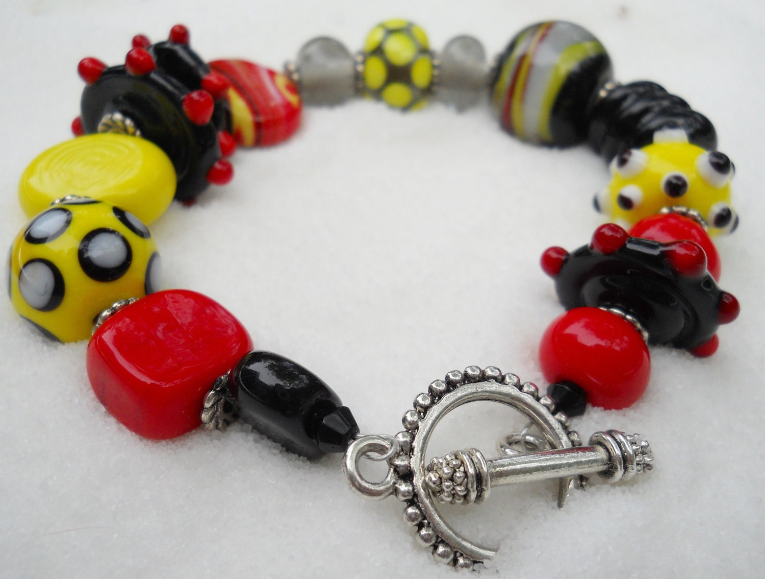 Beaded Lampwork Bracelet and Earring Set in Black, Red, and Yellow